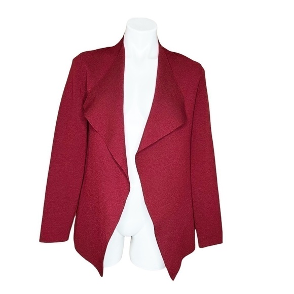Eileen Fisher Burgundy Open Front Draped Moto Style Wool Cardigan - Picture 2 of 7
